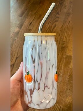 NWT Anthropologie Mystic Juice Glass Tumbler w/ Lid - Pumpkin Confetti